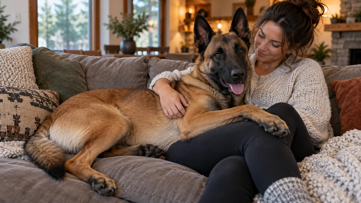 Belçika Kurdu köpek — sahibinin kucağında